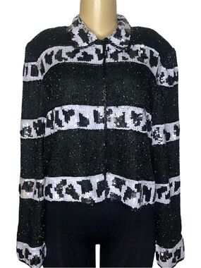 Vintage 80s J.M.C. Black & White Sequin & Beaded Cropped Jacket